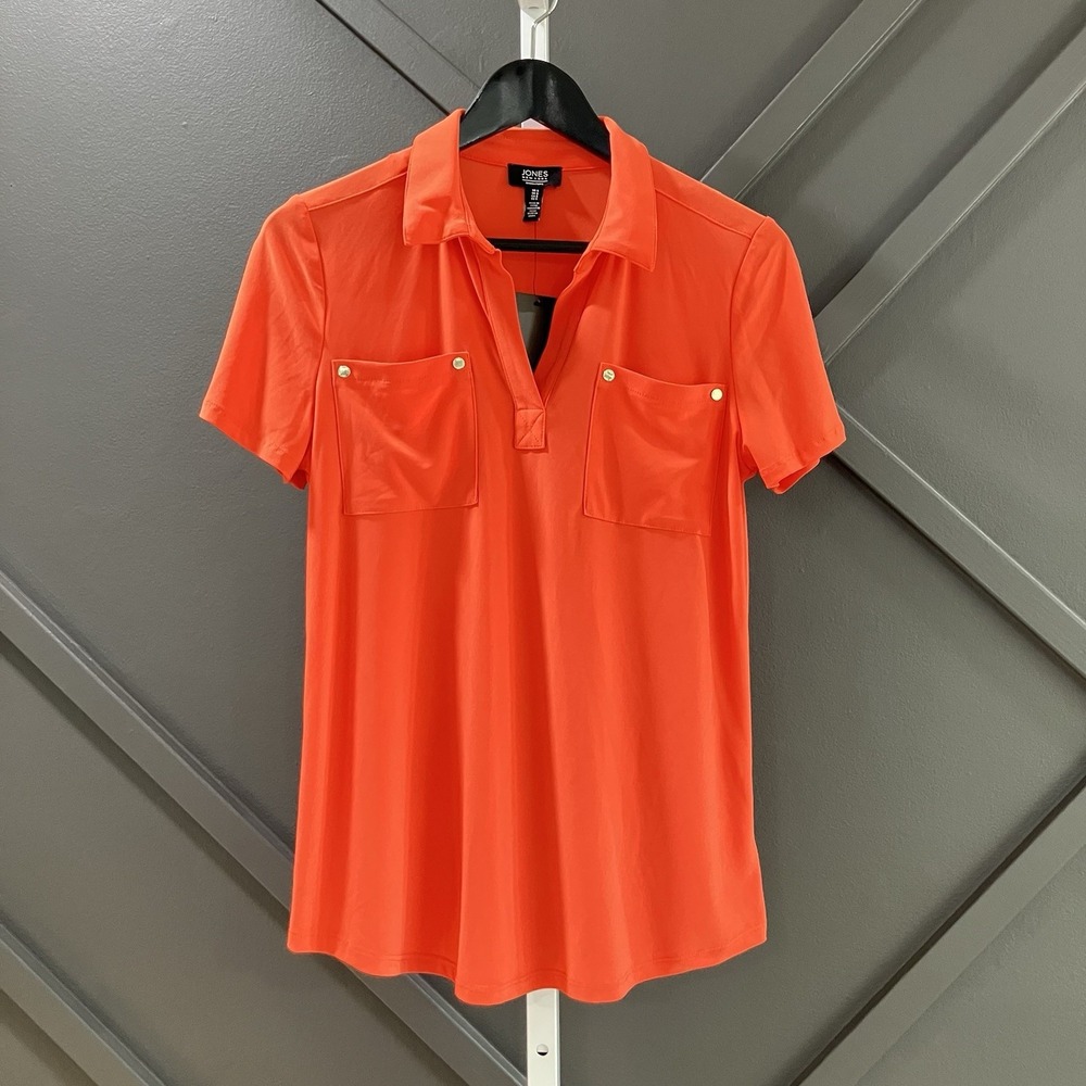 Jones New York Signature Top Women's S Orange Polo Blouse Gold Pocket Accent